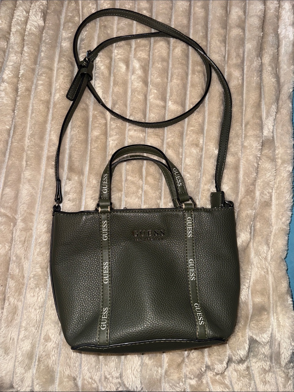 GUESS Olive Green Pebbled Crossbody Tote with Logo Straps